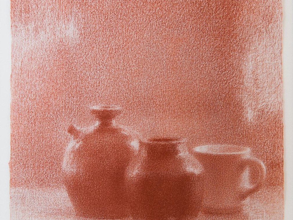 Fred Dalkey Soy Sauce Bottle and Coffee Mug, 2001 sanguine Conté crayon on paper, 10 x 8 1/4 in.