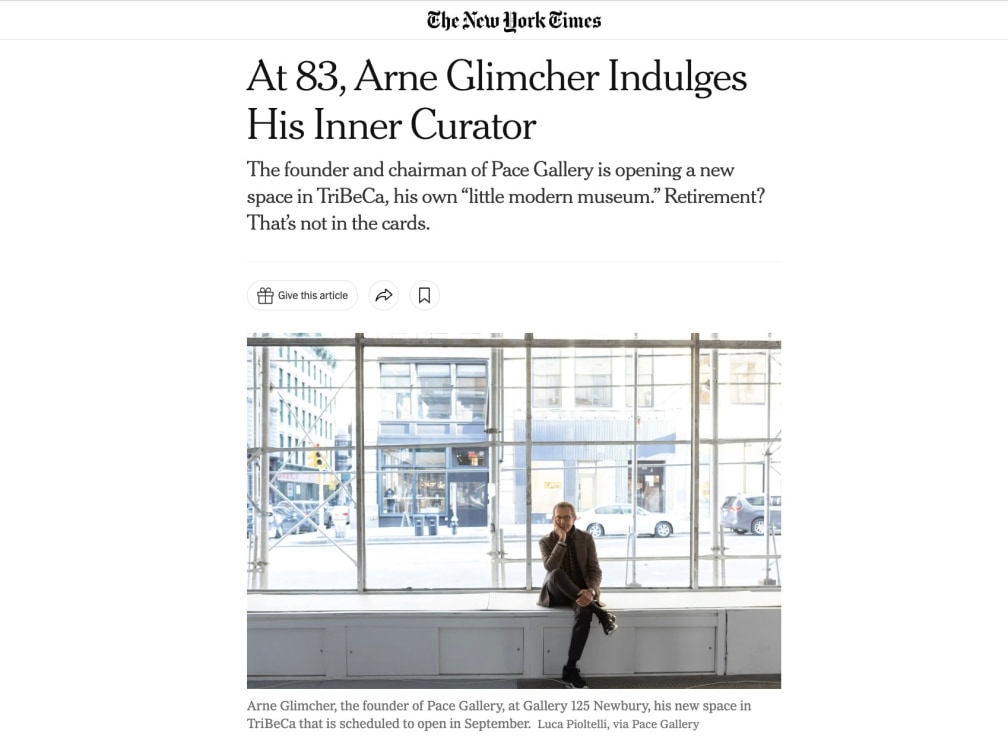New York Times article headline: "At 83, Arne Glimcher Indulges His Inner Curator"