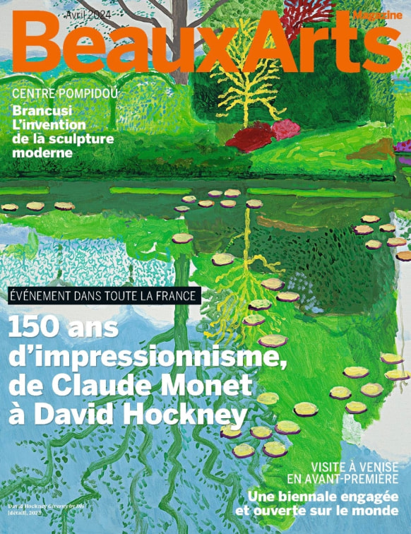The cover of the April 2024 BeauxArts magazine, featuring and impressionistic image of a body of water with a tree reflected in it.