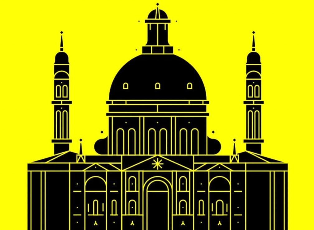 Drawing of a black basilica against a yellow ground