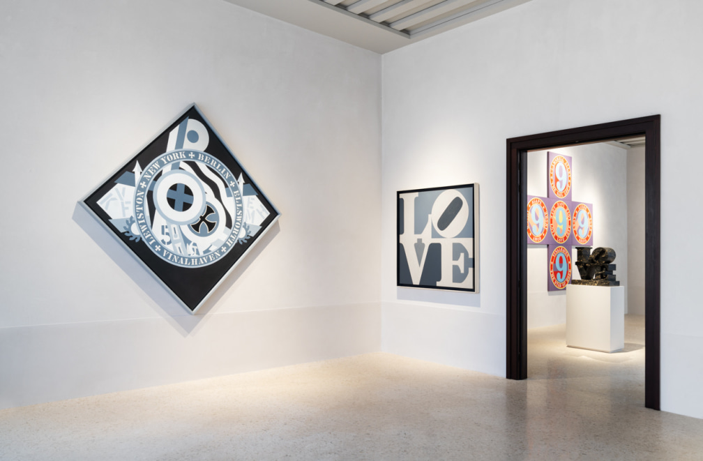 Installation view featuring, left to right, the painting KvF XI (Hartley Elegy), a gray LOVE painting, The Ninth LOVE Cross, and a black marble LOVE sculpture