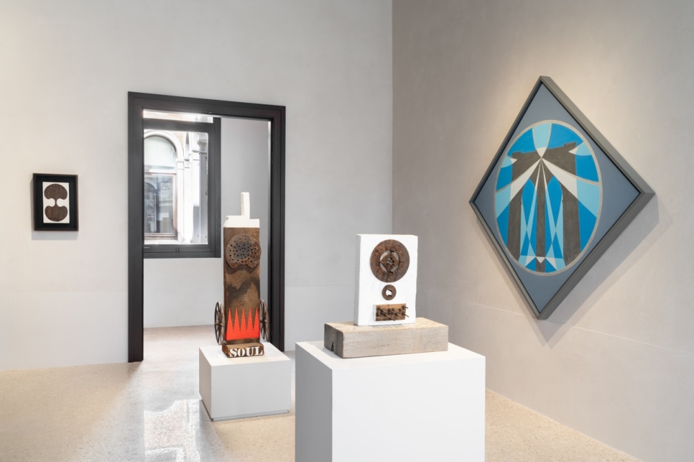 Installation view, left to right, featuring the painting Ginkgo, the sculptures Soul and Zenith, and the painting Sliver Bridge