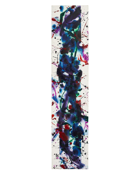 long narrow vertical lyrical abstract work on canvas mostly teal and blue in color