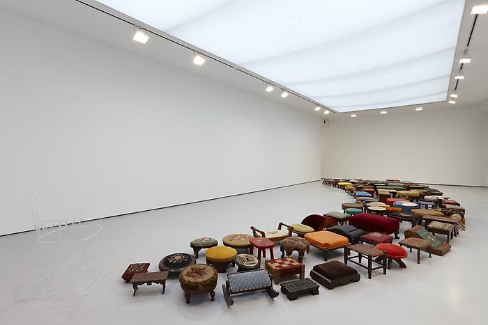 Un-rest, 2010128 foot stools and 1 glass chairInstallation dimensions: 2' 10" x 39' 4" x 14' 6"Chair dimensions: 33 x 18 x 20 in.VS 24