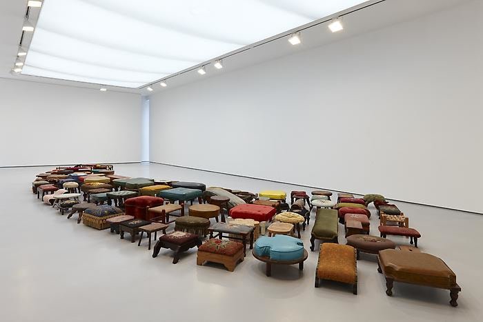 Un-rest, 2010128 foot stools and 1 glass chairInstallation dimensions: 2' 10" x 39' 4" x 14' 6"Chair dimensions: 33 x 18 x 20 in.VS 24