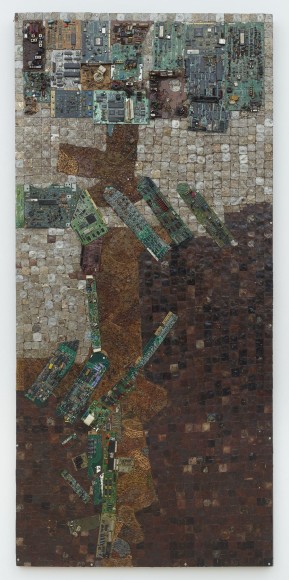 Abstract assemblage composed of flattened bottle caps, motherboard and plastic ants