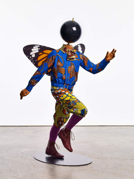 , YINKA SHONIBARE, MBE&nbsp;Butterfly Kid (boy),&nbsp;2015&nbsp;Fiberglass mannequin, Dutch wax printed cotton textile, silk, metal, globe, leather and steel baseplate&nbsp;50 x 29 1/2 x 34 5/8 in. (127 x 75 x 88 cm)