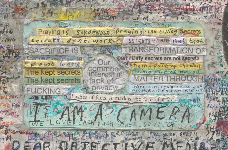 , SIMON EVANS,&nbsp;Marriage&nbsp;(detail), 2014 - 15. Found film poster. index cards, pen, paint, tape and glue, 35 3/4 x 23 3/4 in. (90.8 x 60.3 cm)