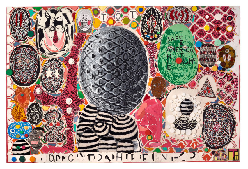 , TRENTON DOYLE HANCOCK, Once a man twice a child: busy box,&nbsp;2016, mixed media on canvas. 72 x 108 x 4 1/2 in.