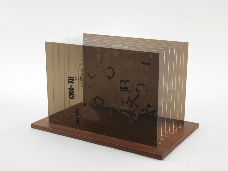 , JOHN CAGE&nbsp;Not Wanting to Say Anything About Marcel Plexigram III,&nbsp;1969&nbsp;Screenprint on eight Plexiglas panels with walnut base&nbsp;14 x 20 x 1/8 in. (35.6 x 50.8 x 0.3 cm)