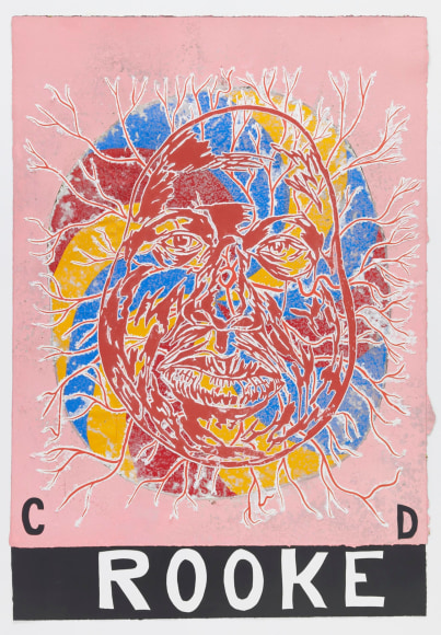 , TRENTON DOYLE HANCOCK&nbsp;Crooked,&nbsp;2010&nbsp;Screen print, handmade cotton paper, pigmented paper pulp, stencil/water-shaped paper, embedded paper&nbsp;74 3/4 x 52 5/16 in. (190 x 133 cm)