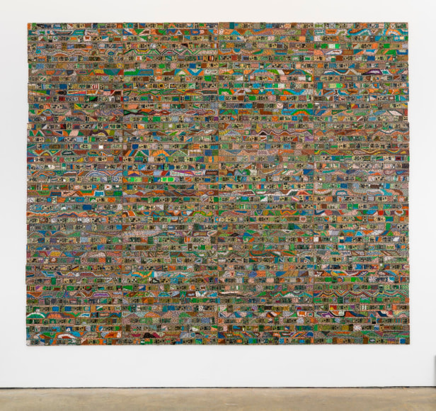 , ELIAS SIME&nbsp;Tightrope Mobile,&nbsp;2009-14 Reclaimed electrical wires on panel&nbsp;108 x 128 in. (274 x 325 cm)