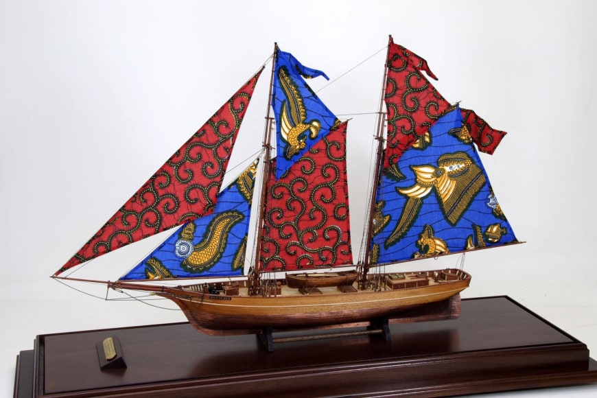 , YINKA SHONIBARE MBE Wanderer, 2006 Wood, plexiglas, fabric, brass 42 1/4 x 22 x 5 in. (ship) Edition of 8