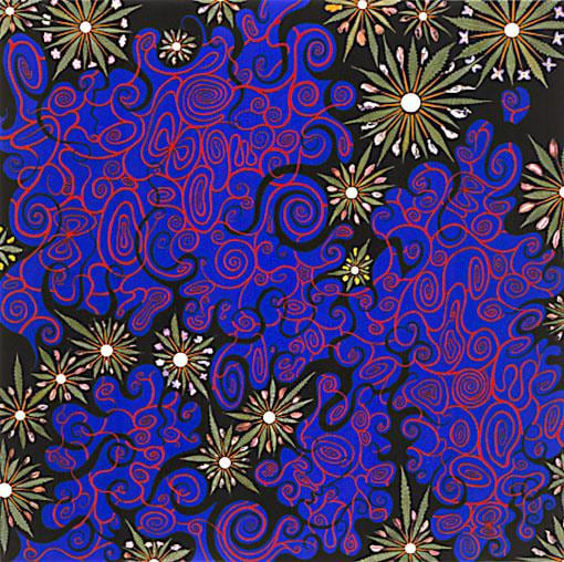 Cadmium Phosphene Swirl, 2000, pills, leaves, photo-collage, acrylic, resin on wood panel, 60 x 60 inches