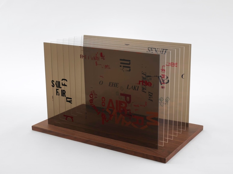 , JOHN CAGE&nbsp;Not Wanting to Say Anything About Marcel Plexigram II,&nbsp;1969&nbsp;Screenprint on eight Plexiglas panels with walnut base&nbsp;14 x 20 x 1/8 in. (35.6 x 50.8 x 0.3 cm)