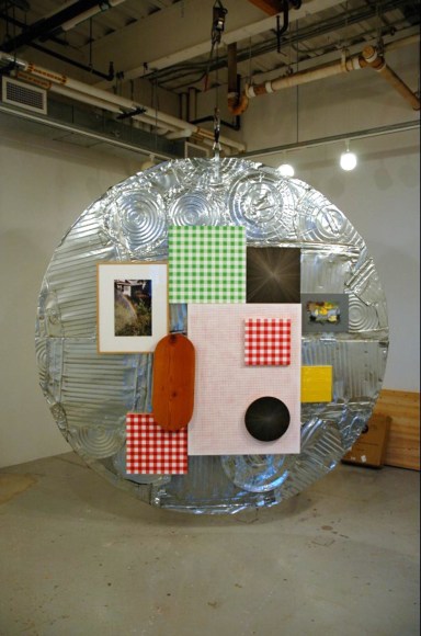 , MICHELLE GRABNER AND BRAD KILLAM, Oyster #5, 2013-14, Wood, galvanized steel, flashe on panel, fabric on panel, silver and gesso on panel, framed type c print, oil on canvas, enamel on aluminum, oiled wood, various fasteners, 98 x 96 x 6 in.