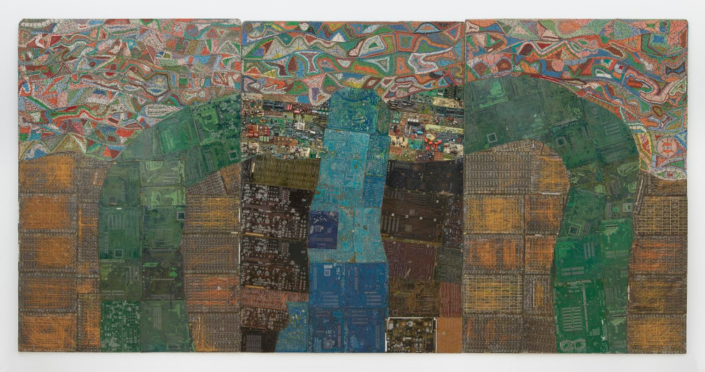 , ELIAS SIME, Tightrope Trios, 2013, Reclaimed electronic components and wire on panel, 70 13/16 x 142 7/8 in.