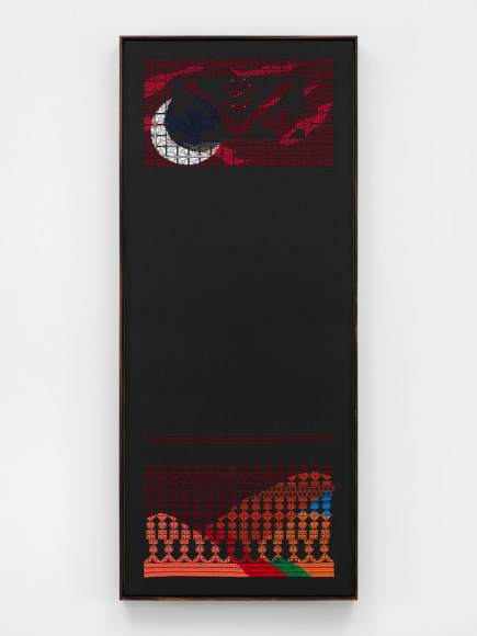 Hand embroidered landscape at night, with warm, red, vampy tones