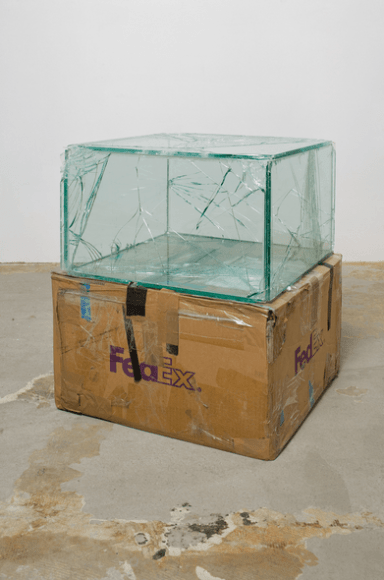 Fedex&reg; Medium Kraft Boxes..., 2007 Laminated glass, FedEx shipping box, accrued FedEx shipping and tracking labels, silicone, metal, tape 20 x 48 x 20 in