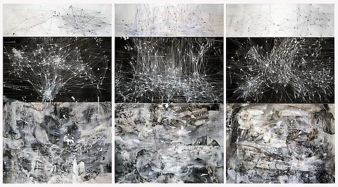 AMY SCHISSEL | CYBERFIELDS | 3 DE&nbsp;9 PANNEAUX | ACRYLIQUE, ENCRE, FUSAIN, ET MIXTE M&Eacute;DIUM SUR PAPIER | 96 X 132 POUCES | 2012