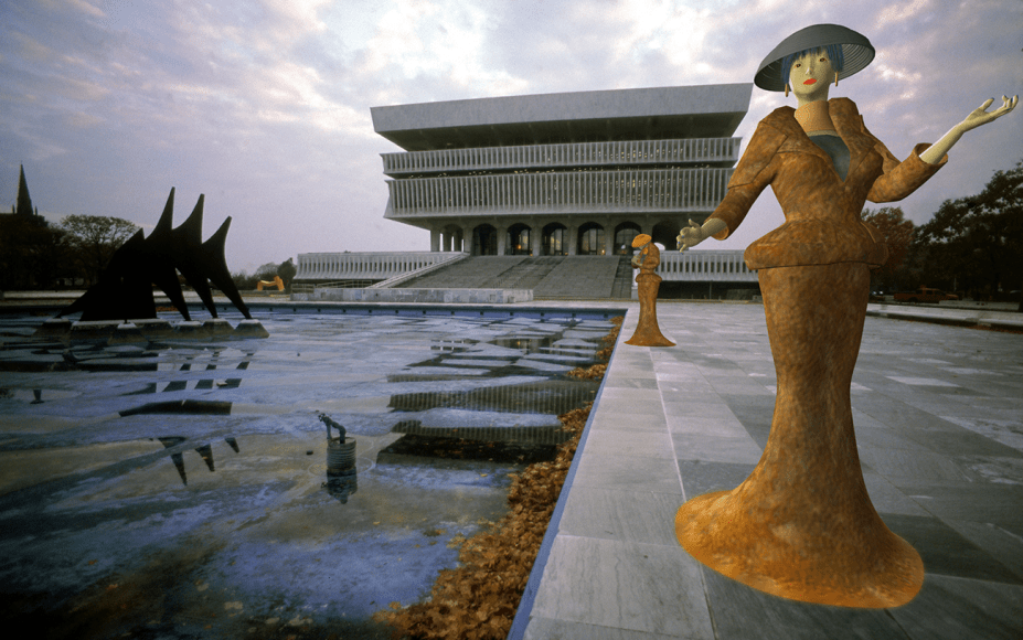 CLAUDIA HART | E JOHN GALLIANO SUITE, VISTING EMPIRE PLAZA, ALBANY, NY, 2004 | 3D MODEL INTEGRATED INTO PHOTOGRAPHY | PIGMENT, PRINT ON ARCHES WATERCOLOR PAPER ,  