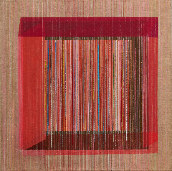 ANTONIETTA GRASSI | HARD RAIN FALLING | OIL, ACRYLIC, INK, EMBROIDERY ON LINEN | 24 X 24 INCHES | 2021, &nbsp;