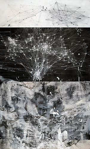 AMY SCHISSEL | CYBERFIELDS | PANNEAU&nbsp;1 | ACRYLIQUE, ENCRE, FUSAIN, ET MIXTE M&Eacute;DIUM SUR PAPIER&nbsp;| 44 X 96 POUCES | 2012