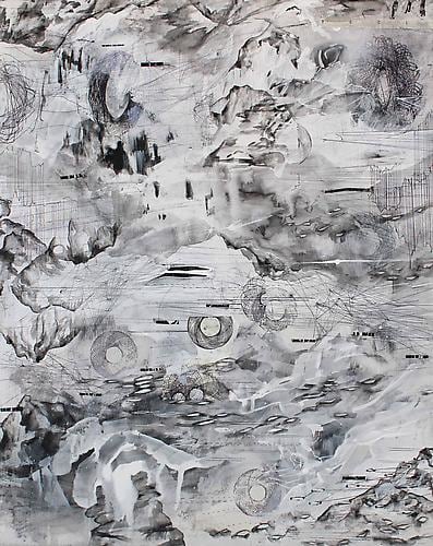 AMY SCHISSEL | ALTO TERRA 1 | PLASTER, ACRYLIC, INK, GRAPHITE, PAPER ON WOOD | 20 X 24 INCHES | 2014