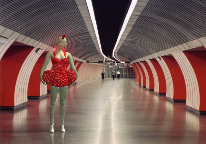CLAUDIA HART | E IN THIERRY MUGLER'S APRON DRESS, ON THE VIENNA UNDERGROUND, 2003 | 3D MODEL INTEGRATED INTO PHOTOGRAPHY | PIGMENT, PRINT ON ARCHES WATERCOLOR PAPER , THIS IMAGE USES A PHOTOGRAPH TAKEN BY LARRY BERCOW