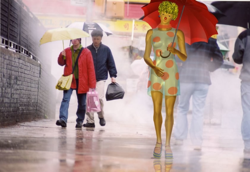 CLAUDIA HART | E IN PACO RABANNE, VISTING CHINATOWN, NY, 2003 | 3D MODEL INTEGRATED INTO PHOTOGRAPHY | PIGMENT, PRINT ON ARCHES WATERCOLOR PAPER , THIS IMAGE USES A PHOTOGRAPH TAKEN BY LARRY BERCOW