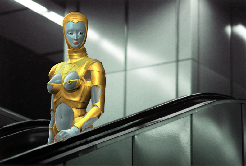 CLAUDIA HART | E AS THIERRY MUGLER'S SEXY ROBOT, VISITING VIENNA, 2003 | 3D MODEL INTEGRATED INTO PHOTOGRAPHY | PIGMENT, PRINT ON ARCHES WATERCOLOR PAPER 