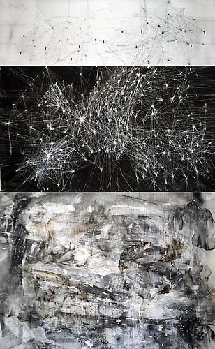 AMY SCHISSEL | CYBERFIELDS | PANNEAU&nbsp;3 | ACRYLIQUE, ENCRE, FUSAIN, ET MIXTE M&Eacute;DIUM SUR PAPIER&nbsp;| 44 X 96 POUCES | 2012
