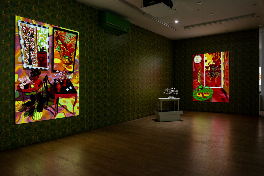 The Ruins at bitforms gallery in NY, from left to right: Big Red, 2019, Video animation (color, silent), projector, stretched screen, media player, 90 x 63 x 1.5 in / 228.6 x 160 x 3.8 cm, 5 min, video loop; Matissesque , 2020, Custom augmented-reality wallpaper, custom augmented-reality software application, tablet, dimensions variable; The Still Life With Flowers by Henri Fantin-Latour, 2019, 3D-printed resin, pigmented silicone, walnut, basswood, and maple, custom pine and Plexiglass pedestal, 34 x 29.5 x 19 in / 86.4 x 74.9 x 48.3 cm, sculpture, 48 x 36.5 x 24.5 in / 121.9 x 92.7 x 62.2 cm, overall with bases; The Green Table, 2020, Video animation (color, silent), projector, stretched screen, media player, 90 x 66.5 x 1.5 in / 228.6 x 168.9 x 3.8 cm, 5 min, video loop