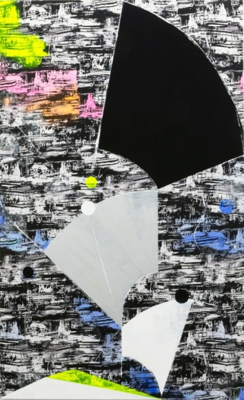 JANET JONES | TATLIN'S TOWER GOES SPUTNIK | ACRYLIC, GOUACHE ON PRINTED CANVAS |  78 X 48 INCHES | 2017,  