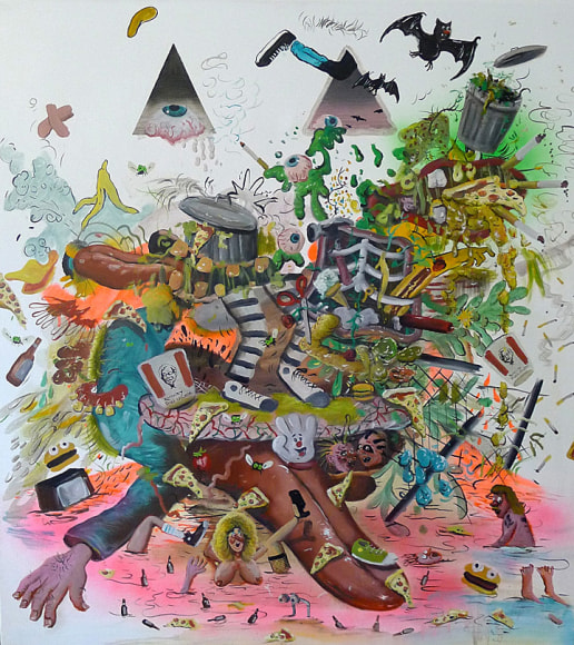 JOE BECKER | ITCHED RAW, SUN BURNT IMPETIGO WON'T STOP ME SNARFING AND DANCING ALL NIGHT LONG BROTHER | HUILE ET PEINTURE AÉROSOL SUR TOILE | 54 x 60 POUCES | 2015