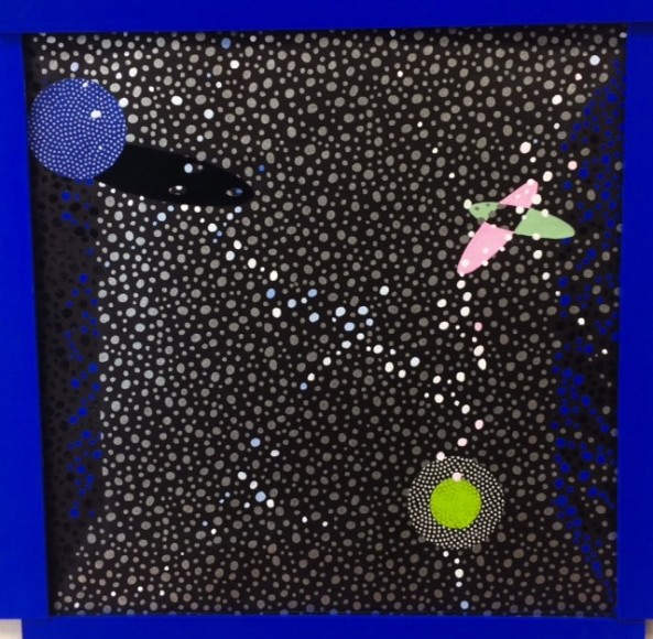 JANET JONES | THE SATELLITES ARE SINGING | ACRYLIQUE ET GOUACHE SUR PAPIER CHIYOGAMI | 12 X 12 POUCES | 2019