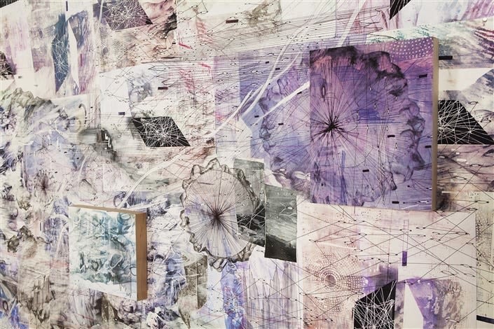 AMY SCHISSEL | DOUBLE STANDARD 2 (DETAIL) | PAINTING, ACRYLIC, OIL, GESSO, GRAPHITE, INK ON PAPER ON BOARD | INSTALLATION VIEW AT VOLTA NY | 10 X 10 FEET | 2016