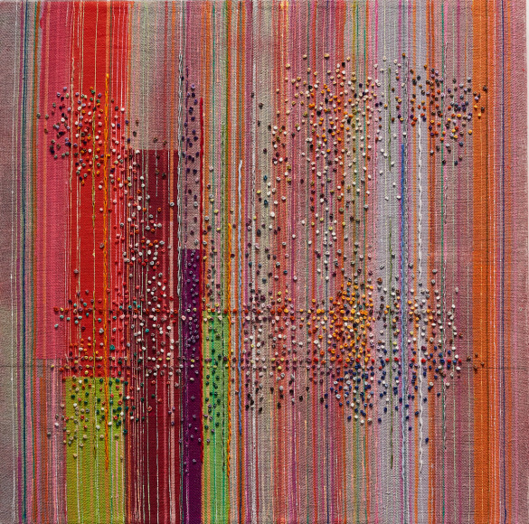 ANTONIETTA GRASSI | RISING RAIN | ACRYLIC, FABRIC DYE, INK, EMBROIDERY ON LINEN | 18 X 18 INCHES | 2021, &nbsp;