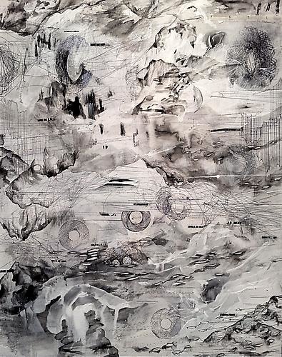 AMY SCHISSEL | ALTO TERRA 1 | PLASTER, ACRYLIC, INK, GRAPHITE, PAPER ON WOOD | 20 X 24 INCHES | 2014