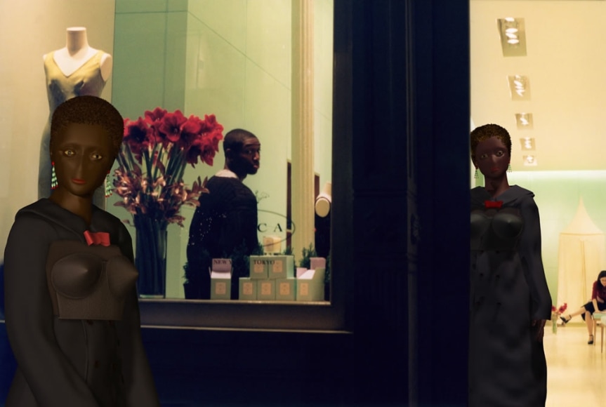 CLAUDIA HART | E AS REI KAWAKUBO, SHOPPING IN SOHO, NY, 2003 | 3D MODEL INTEGRATED INTO PHOTOGRAPHY | PIGMENT, PRINT ON ARCHES WATERCOLOR PAPER , THIS IMAGE USES A PHOTOGRAPH TAKEN BY LARRY BERCOW