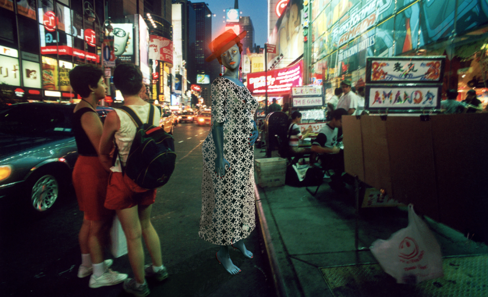 CLAUDIA HART | E IN REI KAWAKUBO, VISTING TIMES SQUARE, NY, 2004 | 3D MODEL INTEGRATED INTO PHOTOGRAPHY | PIGMENT, PRINT ON ARCHES WATERCOLOR PAPER