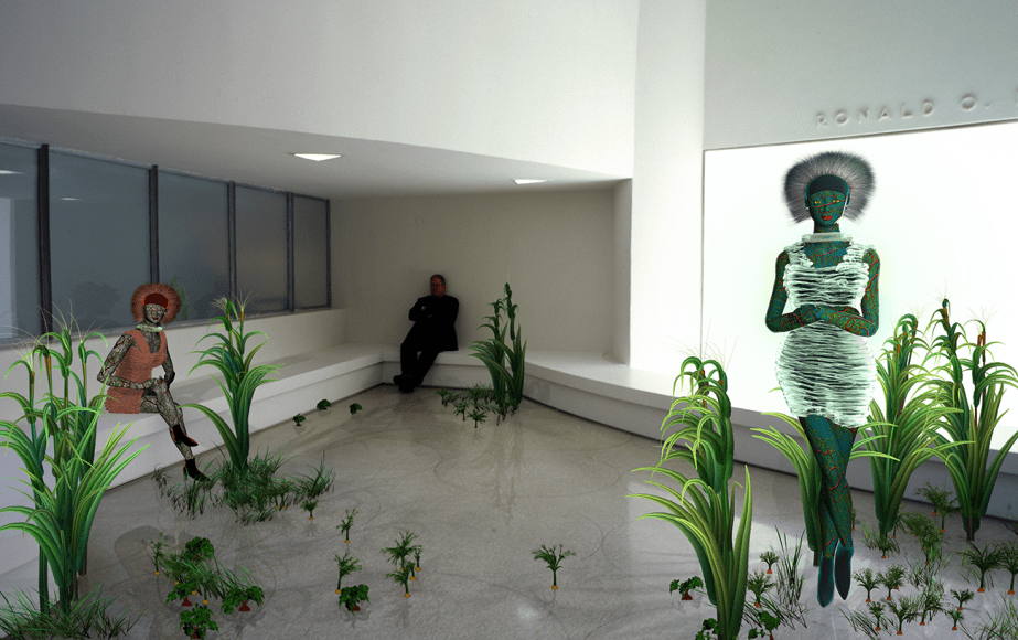 CLAUDIA HART | E IN WATER AND MEAT SHEATH DRESSES, AT THE GUGGENHEIM MUSEUM, NY, 2004 | 3D MODEL INTEGRATED INTO PHOTOGRAPHY | PIGMENT, PRINT ON ARCHES WATERCOLOR PAPER 