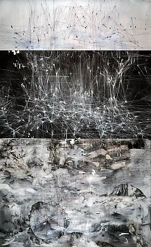 AMY SCHISSEL | CYBERFIELDS | PANNEAU&nbsp;2 | ACRYLIQUE, ENCRE, FUSAIN, ET MIXTE M&Eacute;DIUM SUR PAPIER&nbsp;| 44 X 96 POUCES | 2012