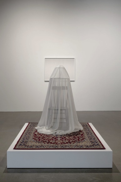 NATASCHA NIEDERSTRASS | SANS TITRE (HOMMAGE À L'ASSISTANTE DE BAUTIER DE KOLTA)  | RUG, CHAIR, VEIL, STEEL MECHANISM | 58.5 X 58 X 82 INCHES | 2022