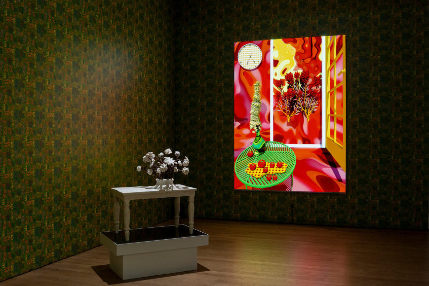 The Ruins at bitforms gallery in NY, from left to right: The Still Life With Flowers by Henri Fantin-Latour, 2019, 3D-printed resin, pigmented silicone, walnut, basswood, and maple, custom pine and Plexiglass pedestal, 34 x 29.5 x 19 in / 86.4 x 74.9 x 48.3 cm, sculpture, 48 x 36.5 x 24.5 in / 121.9 x 92.7 x 62.2 cm, overall with bases; The Green Table, 2020, Video animation (color, silent), projector, stretched screen, media player, 90 x 66.5 x 1.5 in / 228.6 x 168.9 x 3.8 cm, 5 min, video loop, Joyful Noise, 2020, Custom augmented-reality wallpaper, custom augmented-reality software application, tablet, dimensions variable; The Ruins, 2020. Three-channel video animation (color, sound), three screens or projectors, three media players, speakers, dimension variable 10 min, loop