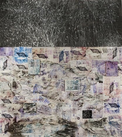 AMY SCHISSEL | DOUBLE STANDARD 2 | PAINTING, ACRYLIC, OIL, GESSO, GRAPHITE, INK ON PAPER ON BOARD | INSTALLATION VIEW AT VOLTA NY | 10 X 10 FEET | 2016