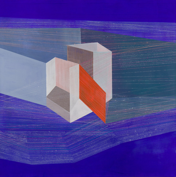 ANTONIETTA GRASSI | HANGING BY A THREAD IN RED, WHITE AND BLUE&nbsp;| ACRYLIC AND INK ON CANVAS | 56&nbsp;x 56 INCHES&nbsp;| 2017