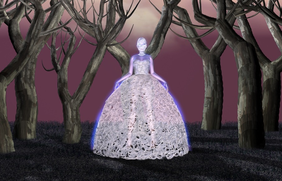 CLAUDIA HART | E IN ALEXANDER MCQUEEN EVENING GOWN, 2002 | 3D MODEL INTEGRATED INTO PHOTOGRAPHY | PIGMENT, PRINT ON ARCHES WATERCOLOR PAPER 
