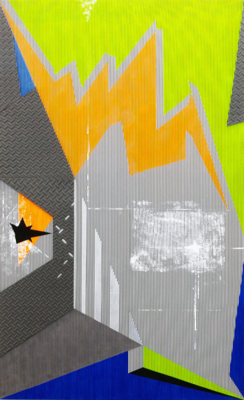 JANET JONES | BROKEN SIGNALS / DISCONNECTED DREAMS | ACRYLIC, GOUACHE ON PRINTED CANVAS |  78 X 48 INCHES | 2017,  