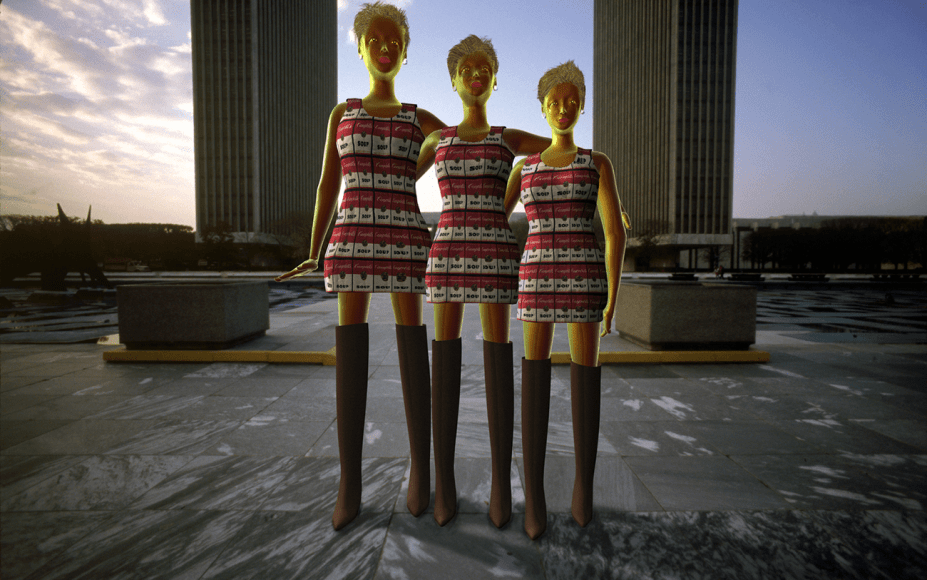 CLAUDIA HART | E IN WARHOL PAPER DRESSES AT EMPIRE PLAZA, ALBANY, NY,  2004 | 3D MODEL INTEGRATED INTO PHOTOGRAPHY | PIGMENT, PRINT ON ARCHES WATERCOLOR PAPER 